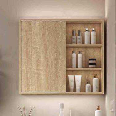 Imagem de Armário de remédios com prateleiras, armário de espelho de banheiro, armazenamento de madeira, armário de parede com LED, instalação de montagem em superfície, economiza espaço, antiembaçamento,
