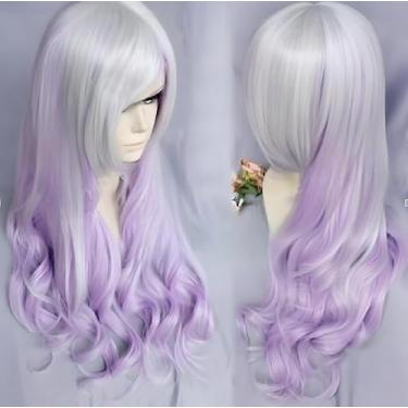 Imagem de IMISSU Peruca longa de cabelo natural cosplay com franja colorida fantasia de Halloween perucas de festa para mulheres (Rosa Branco)