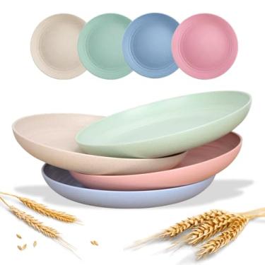 Imagem de Conjunto 4 Pratos Jantar Coloridos Refeição Adulto Criança Infantil Resistente Ecológico Palha de Trigo Seguro Microondas Lava Louças Freezer e Geladeira Reutilizável Leve
