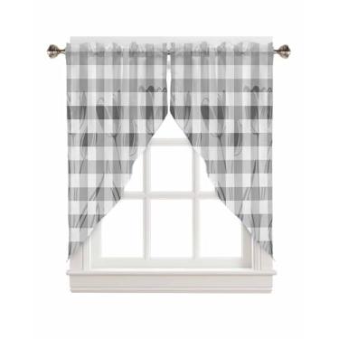 Imagem de Swag Valance Cortina Par de Camadas, Tulipa Aquarela Raio-X Flor Bolso Varão Sanefas de Cozinha para Janela Pequena, Cinza Branco Xadrez Treliça Curto Brincar Topper para Quarto Sala de Estar