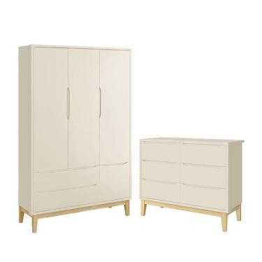 Imagem de Jogo de Quarto Infantil Classic Guarda Roupa 3 Portas e Cômoda 6 Gavetas com Pés Madeira Natural - Reller Móveis Areia Fosco