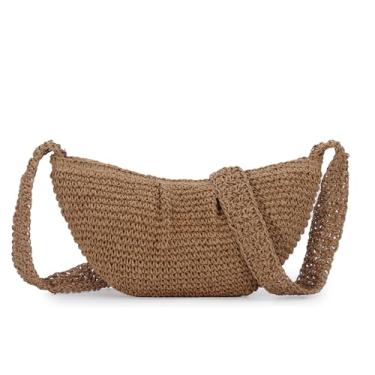 Imagem de Fecialy Bolsa transversal de palha feminina plissada, bolsa de ombro franzida, feita à mão, bolsa de palha para praia de verão, Marrom, 13.78'' x 1.57'' x 8.27''/35CM x 4CM x 21CM
