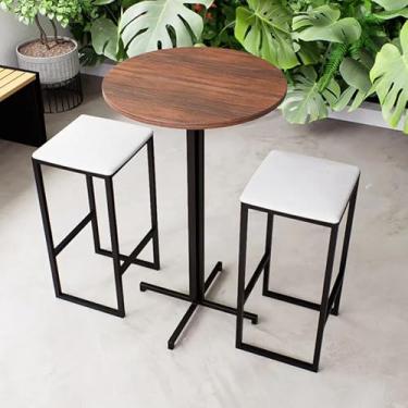 Imagem de Conjunto Mesa Alta Bar Bistrô Redonda Imbuia 2 Bancos Estofado Industrial Black (Branco)