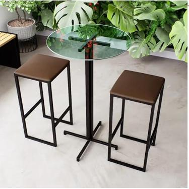 Imagem de Conjunto Mesa Alta Bar Bistrô Redonda Vidro 2 Bancos Estofado Industrial Black (Marrom)