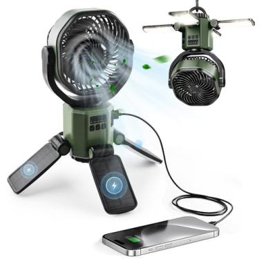 Imagem de WISFISSH Ventilador solar ao ar livre, ventilador de acampamento recarregável de 6000 Mah com luz LED, quatro velocidades de vento, adequado para acampamento, pesca, piqueniques, etc. - Verde