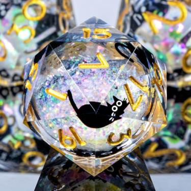 Imagem de Resin DND Dice Set with Gift Box, 7Pcs Cat Liquid Core Role Playing Dice, Rainbow Gold Dungeons and Dragons Sharp Edge D&D Dice D20 D12 D10 D8 D6 D4