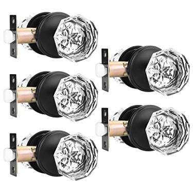 Imagem de Orger Pacote com 5 puxadores de porta de cristal para passagem, maçanetas internas sem chave para corredor e armário, puxador de vidro resistente com roseta plana de liga de zinco preta