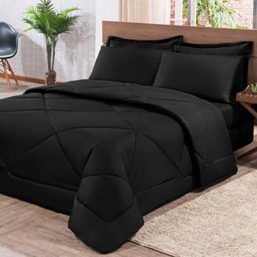 Imagem de Kit Edredom + Jogo De Lençol Aconchego Look House Dupla Face Casal Queen 06 Peças - Preto