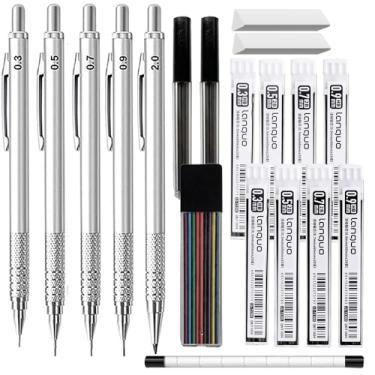Imagem de Conjunto de lápis metálicos de 0,3 mm, 0,5 mm, 0,7 mm, 0,9 mm, 2,0 mm, com estojo de armazenamento, grafite de lápis, borracha, para escrever e desenhar, artigos de papelaria escolares