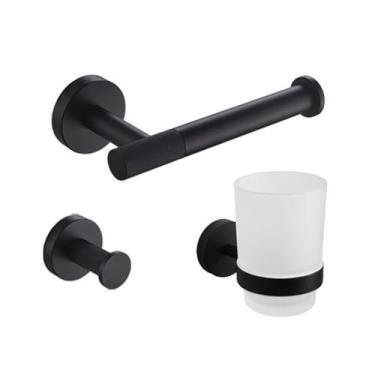 Imagem de Conjunto de banheiro de parede em aço inoxidável preto fosco com toalha, escova de vaso sanitário, saboneteira e gancho para roupão, acessórios de decoração (conjunto de 3 peças A)