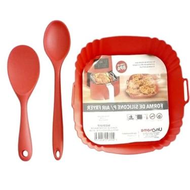 Imagem de Kit para Air Fryer Quadrada, Forma de Silicone 21cm, 2 Colheres de Silicone e Pegador, Vermelho
