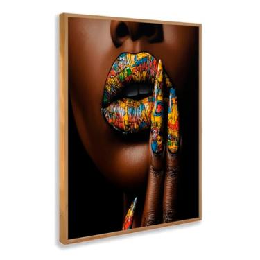 Imagem de Quadro Decorativo Mulher Negra Boca Colorida Unhas Arte Pop Urbana Moderna Estilo Criativo Estampa Impactante Com Moldura