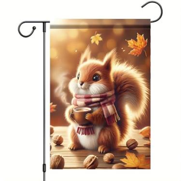 Imagem de Starlit Patio Bandeira de jardim de outono esquilo ao ar livre decoração de quintal de Ação de Graças 30,5 x 45,7 cm, faixa sazonal dupla face com lenço xadrez, abóboras, nozes folhas, tema rústico de
