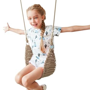 Imagem de Balanço infantil tricotado à mão, assento giratório portátil para ambientes internos e externos, cordas ajustáveis, com alça de pendurar e gancho de pressão para acampamento, caminhada, quintal,