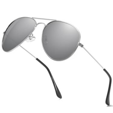 Imagem de aisswzber Óculos de sol clássico aviador polarizado para homens e mulheres, armação de metal, proteção UV400, leve para dirigir ao ar livre, Prata, Silver