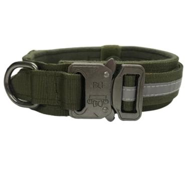 Imagem de Coleira Tática Militar Ajustável Resistente Para Cachorro Com Alça Treinamento Pet Grande/Médio Porte(Verde/Fivela de Metal (Fino),M)