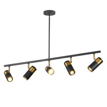 Imagem de Magiroz Lustre de pista moderna de 5 luzes, kit industrial de iluminação de pista suspensa LED para casa de fazenda, preto e dourado, luminárias de pista de cozinha, montagem ajustável no teto