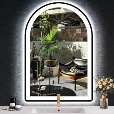 Imagem de DIDIDADA Espelho de vaidade de arco preto de 61 x 91 cm com moldura preta clara espelho iluminado arqueado para banheiro, salão de beleza, parede, mesa, antiembaciamento, regulável, 3 cores, 91 cm