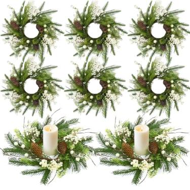 Imagem de 8 anéis de vela de inverno, guirlanda de pinheiro artificial pequena com frutas brancas e pinhas, para decoração de Natal