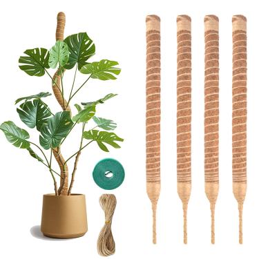 Imagem de Pacote com 4 postes dobráveis de musgo de 71 cm, estaca de suporte para plantas Monstera, varas de coco para plantas de interior, vasos trepadeiras, pothos, filodendro com laços de plantas