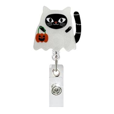Imagem de Carretel de crachá fofo acrílico retrátil para Halloween com tema de abóbora e gato preto, carretéis de crachá decorativos, clipe divertido para enfermeiras, médicos, professores, estudantes