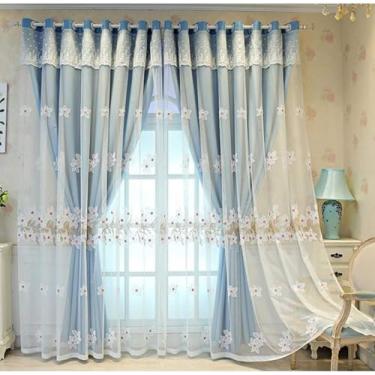 Imagem de Cortina blackout de renda bordada de camada dupla para sala de estar, painel decorativo de voile blecaute moderno, para isolamento térmico de quarto/varanda, 1 peça, azul L 200 x A 250 cm