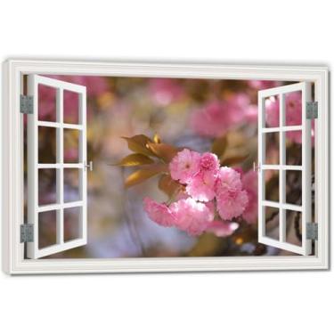 Imagem de Flores vermelhas desabrochando arte artística de ilusão de janela falsa, arte de parede com vista panorâmica real para sala de estar 50 x 75 cm emoldurada