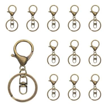Imagem de Chaveiro com fecho de garra de lagosta, 12 peças, gancho de garra de lagosta com clipe giratório e anel de chaveiro dividido plano para acessórios de chaveiro de artesanato faça você mesmo, bronze