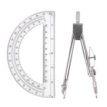 Imagem de Transferidor de metal e conjunto de bússola, material escolar para estudantes com caixa de armazenamento inquebrável para esboços e desenhos