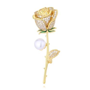 Imagem de YeapYeap Broches de rosas douradas para mulheres - Broche de cachecol de strass de pérola para mulheres, buquê de casamento para aniversário, Natal, aniversário