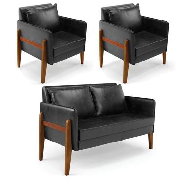 Imagem de Kit 1 Sofá Namoradeira E 2 Poltronas Lana Corano Preto Base De Madeira - D'Rossi
