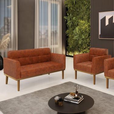 Imagem de Conjunto Poltrona E Namoradeira Decorativas Pés Fixo Em Madeira Castanho Pu Nozes