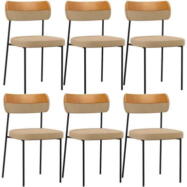 Imagem de Kit 06 Cadeira Decorativa Estofada De Jantar Melina L02 Linho Bege Escuro Couríssimo Whisky