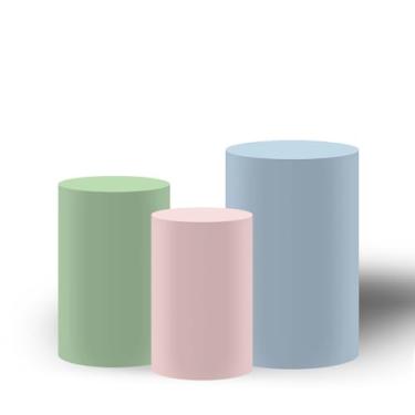 Imagem de Haploquest Capas de pedestal cilíndricas de elastano, conjunto de 3, toalhas de mesa de elastano azul-claro rosa e verde para decoração de festa de chá de bebê, elástico lavável (conjunto grande de 3