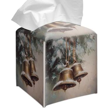 Imagem de Grace Yonks Capa quadrada de caixa de lenços de Natal, capa de cubo de design de sinos de Natal dourados para lenços faciais, couro PU de 13,2 cm. (094)