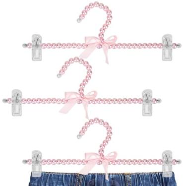 Imagem de SHIDOW Cabides de pérolas com laço, cabides de plástico rosa para calças com clipes, organizador de guarda-roupa para vestidos, saias, camisas (pacote com 3, rosa)
