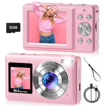Imagem de Câmera digital, tela dupla de 56 MP com foco automático, captura de sorriso, antirvibração, zoom de 16x, cartão SD de 32 GB, presente Digicam para meninos, meninas e adolescentes