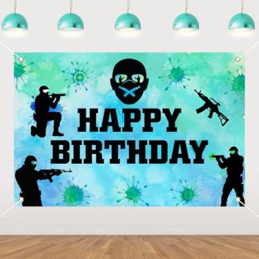 Imagem de Funmemoir Decorações de aniversário de paintball – cenário de feliz aniversário 1,5 x 7,5 m, fundo de vinil com tema de tiro, decoração de festa de salpicos de tinta de jogo para meninos e meninas