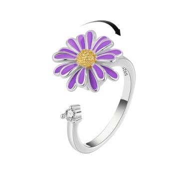 Imagem de Anéis Fidget Anxiety para mulheres, anéis giratórios para alívio da ansiedade, estresse, zircônia cúbica, giratória, flores roxas, ajustáveis