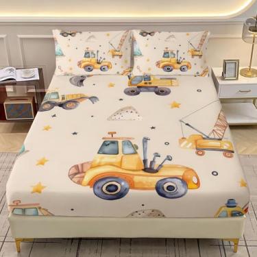 Imagem de AILONEN Jogo de lençol solteiro com desenho animado de escavadeira, 3 peças de caminhões, carros de construção, com estampa de estrelas amarelas e 2 fronhas para crianças