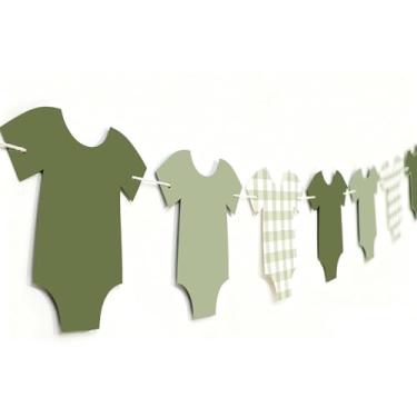 Imagem de Whaline Decoração de festa de chá de bebê verde sálvia faixa de papel verde guingão roupas de bebê guirlanda para revelação de gênero suprimentos de pano de fundo de aniversário