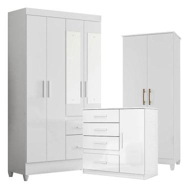 Imagem de Guarda Roupa Com Espelho Infantil Sobral Com Cômoda Vênus E Armário Multiuso Jade Branco Brilho - Moval