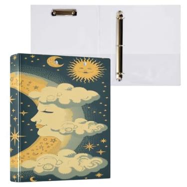 Imagem de Blueangle Fichário retrô com 3 anéis de sol e lua com prancheta e 2 bolsos - Organizador de documentos decorativos de 3 cm para escritório, suprimentos para reuniões (450)