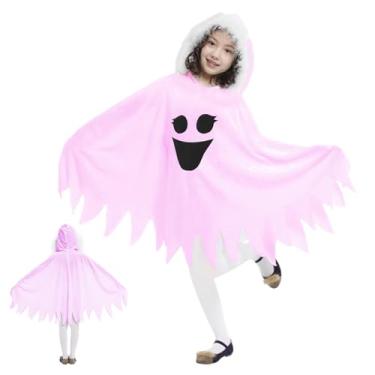 Imagem de Diskebuiss Fantasia infantil de fantasia de fantasma rosa de Halloween, capa com capuz de elfo para cosplay, dramatização, fantasma, vestido extravagante assustador para meninas