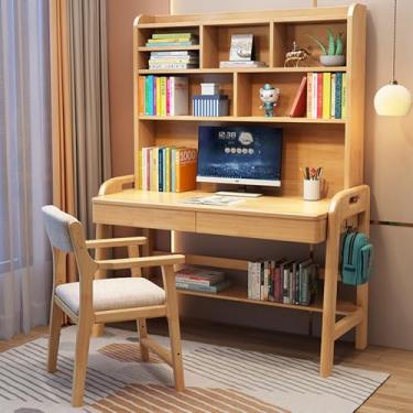 Imagem de Kids Desk with Bookshelf, Height Adjustable Childrens Desk and Chair Set for 8-12 Year Old, Student Desk with Shelves, Drawer and Hooks, Large Storage Wood Color 100cm Desk