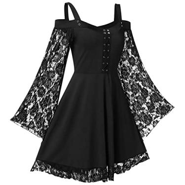 Imagem de Vestido gótico renascentista para mulheres, ombros de fora, renda, manga trompete, vestido medieval, steampunk, fantasia de Halloween, Preto, 4X-Large