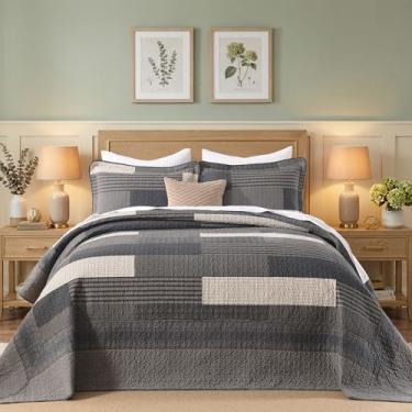 Imagem de QuiltMuse Colcha King extragrande 325 x 304 cm - 100% algodão, leve, California King, com 2 fronhas, colcha de cama acolchoada extra larga listrada de fazenda, 3 peças, marrom/bege/creme