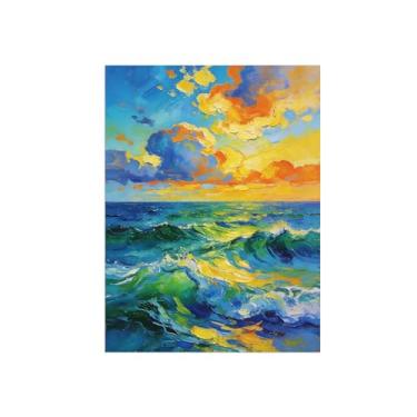 Imagem de BMZFYBS Arte de parede paisagem imagem em tela - onda do mar amarelo sol - decoração moderna impressão de pintura para sala de estar quarto 30 x 40 cm 12 x 16 pol sem moldura