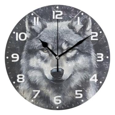 Imagem de JUZIHAI Relógio de parede lobo, silencioso, sem tique-taque, redondo, operado por bateria, fácil de ler, relógio decorativo de parede para casa, cozinha, sala de estar, quarto, escritório, 25 cm