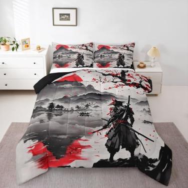 Imagem de jejeloiu Conjunto de edredom Samurai, Queen, estilo japonês, para crianças, meninos, meninas, pôr do sol, edredom para decoração de quarto, microfibra, 3 peças com 2 fronhas